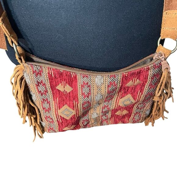 MINNETONKA Genuine Leather Cross Body Purse, Boho Aztec Embroidered, Side Fringe - Picture 3 of 13